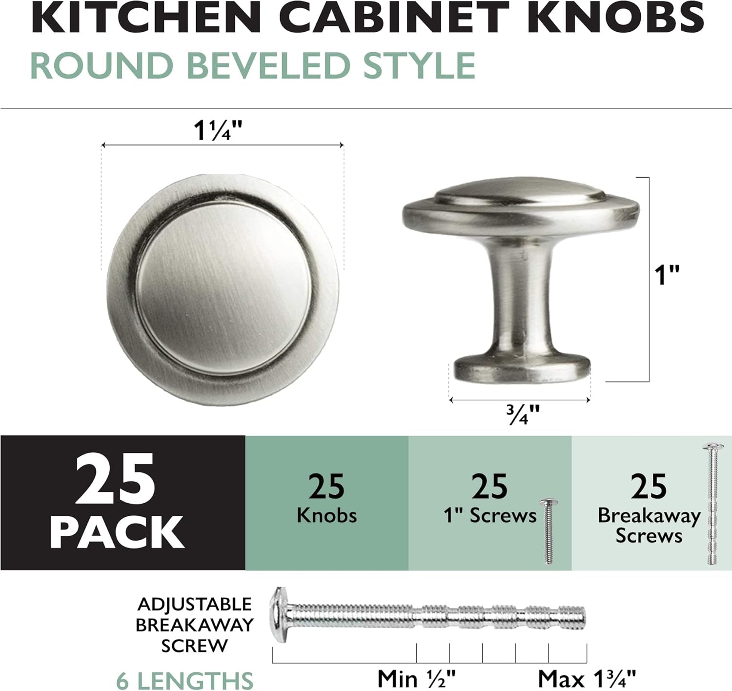 Satin Nickel Kitchen Cabinet Knobs, round Drawer Handles, 1 1/4 Inch | Beveled Edge, 25 Pack, for Cabinets, Dressers & Drawers, Kitchen Cabinet Hardware