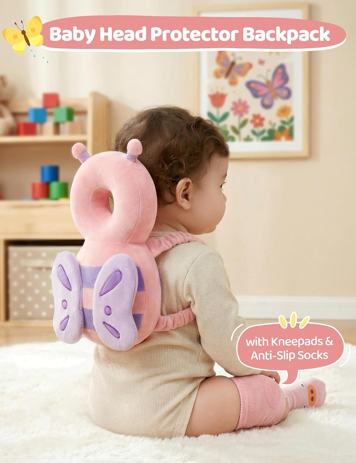 Baby Head Protector Backpack for 3 Knee Pads + 3 Socks, Elephant | Soft, Breathable, Adjustable,Baby Fall Back Head Protector with Knee Pads + Anti-Slip Socks for Crawling Walking Falling