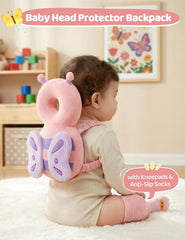 Baby Head Protector Backpack for 3 Knee Pads + 3 Socks, Elephant | Soft, Breathable, Adjustable,Baby Fall Back Head Protector with Knee Pads + Anti-Slip Socks for Crawling Walking Falling